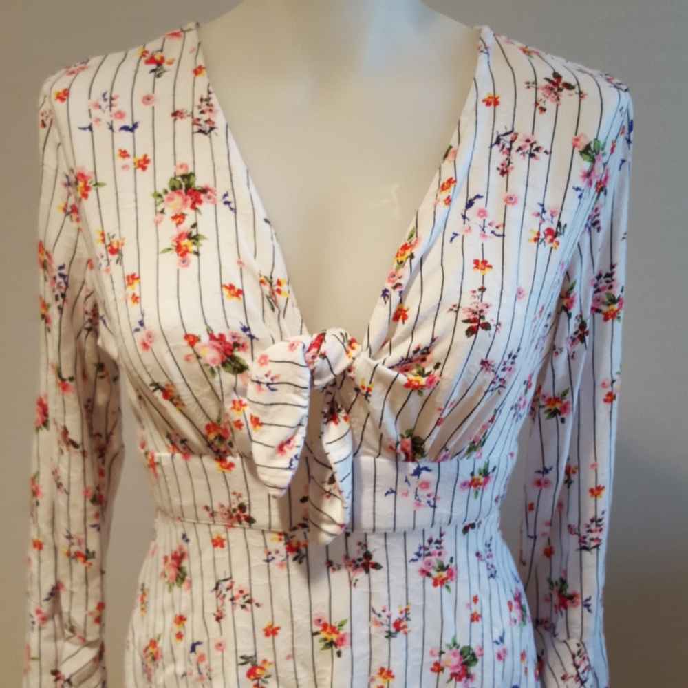Love Fire floral print dress, front tie, small, pink, blue